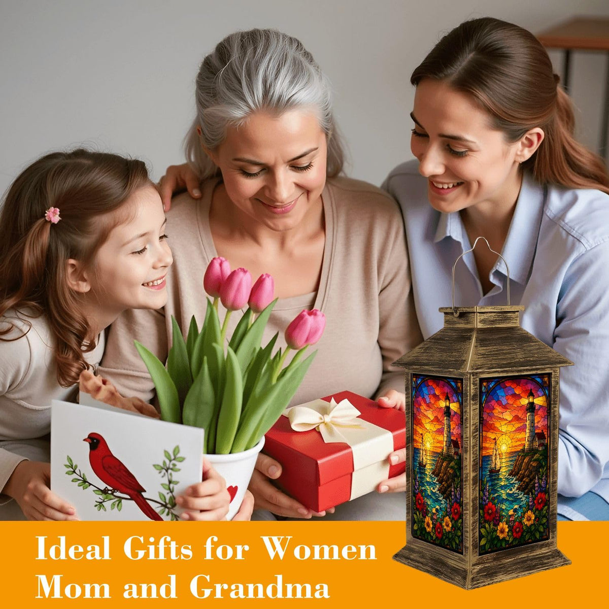 Solar Lantern Outdoor Waterproof Stained Glass Effect LED Hanging Tabletop Lamp I962676