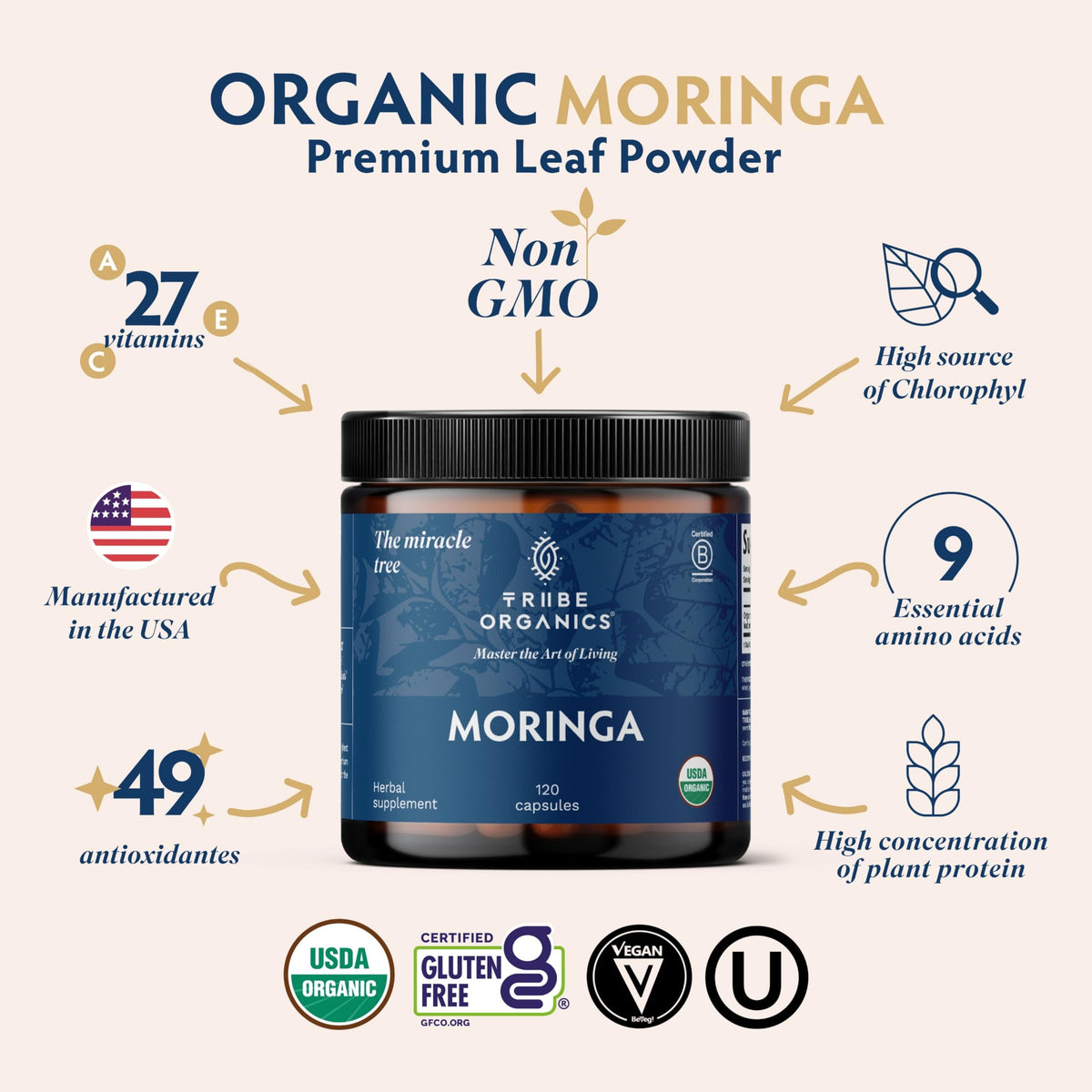 Organic Moringa Oleifera Powder 120 Vegan Capsules I2677