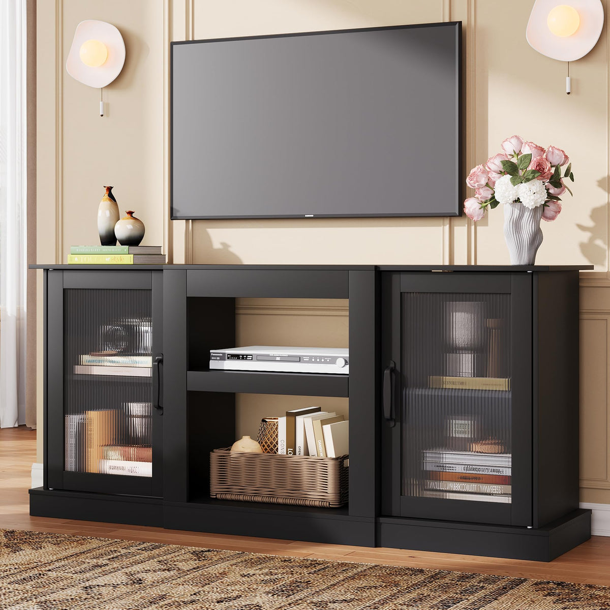 Black 58" TV Stand with Storage Cabinets and Adjustable Shelves A36333