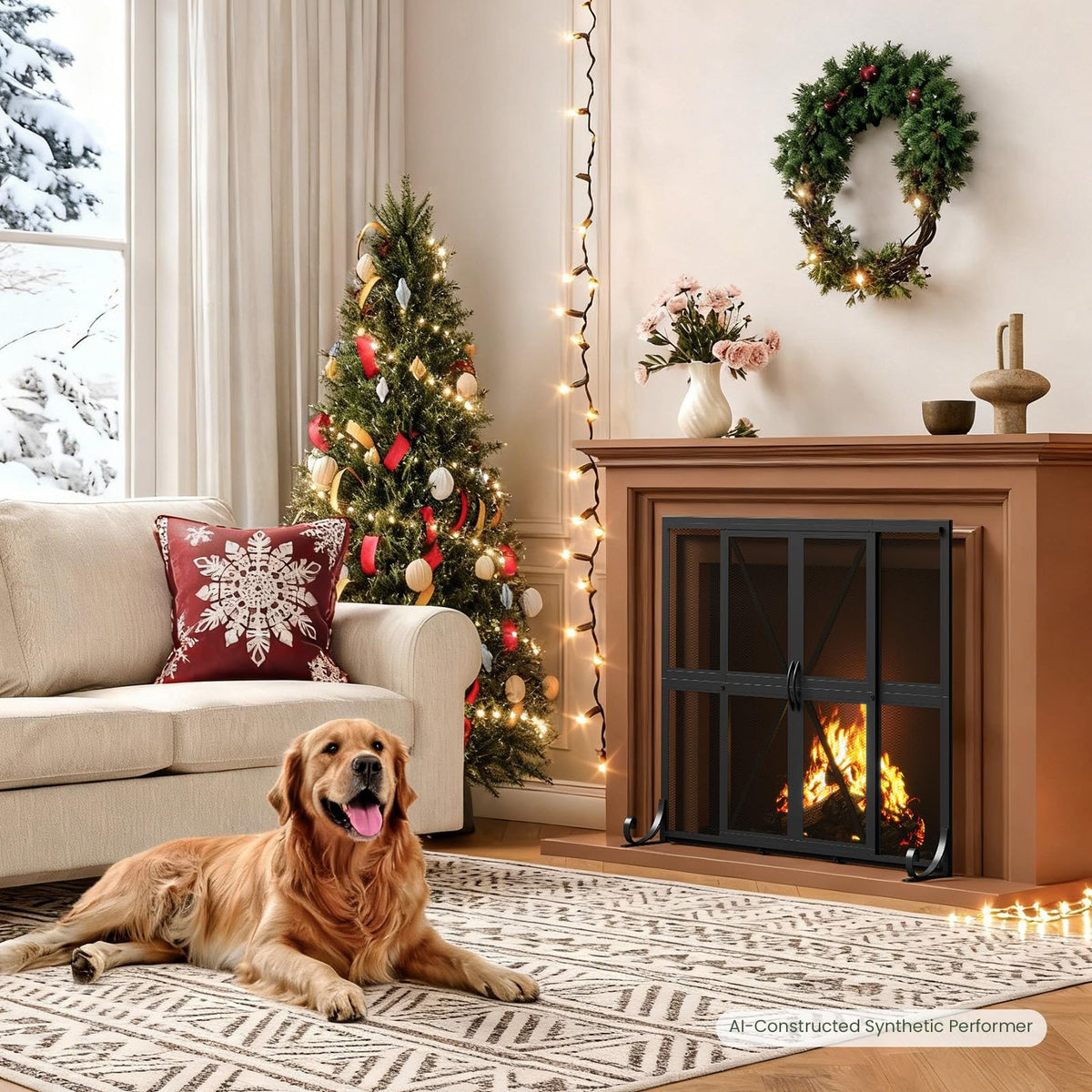 Black Wrought Iron Mesh Fireplace Screen with Sliding Doors O85635