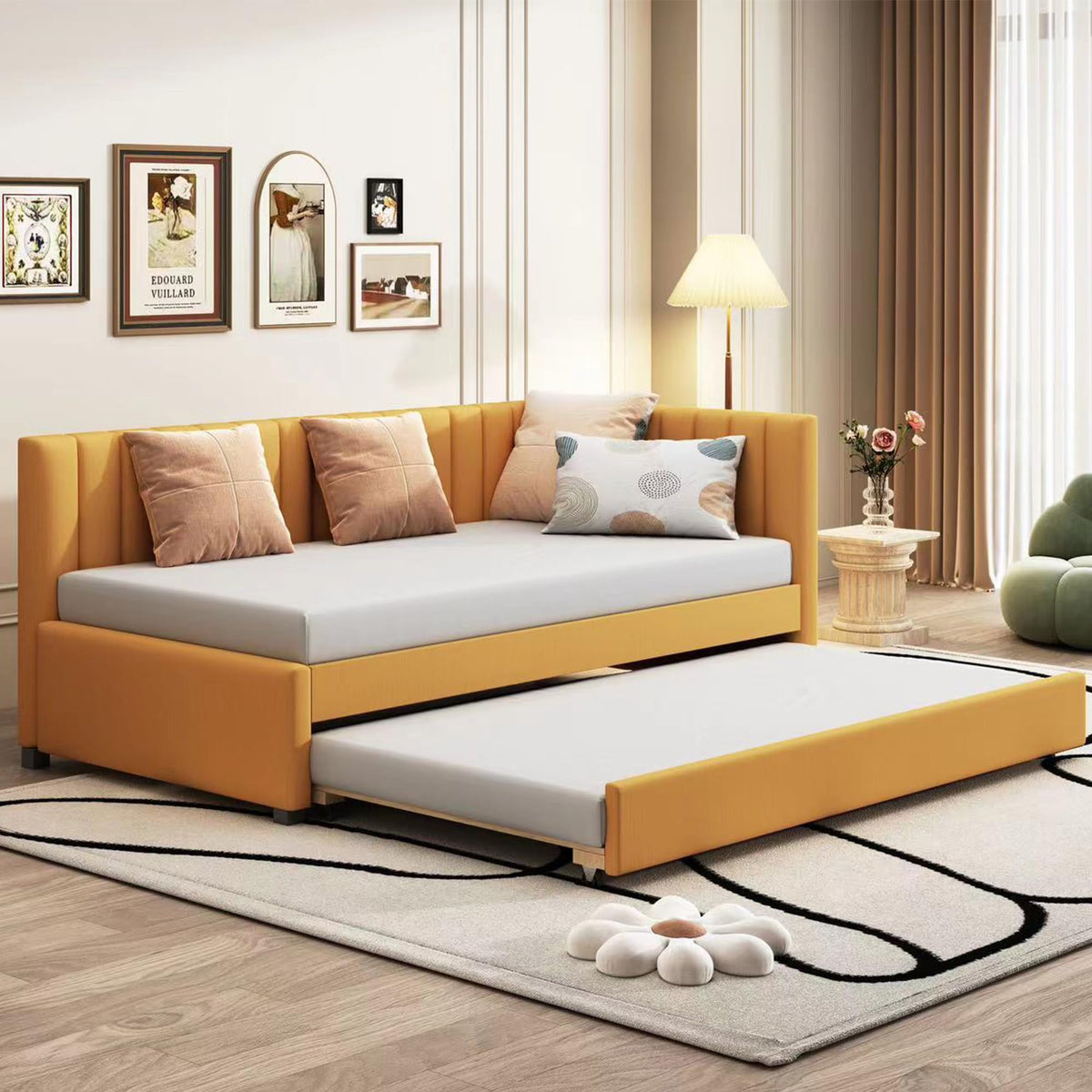 Twin Size Linen Upholstered Daybed with Trundle W5765