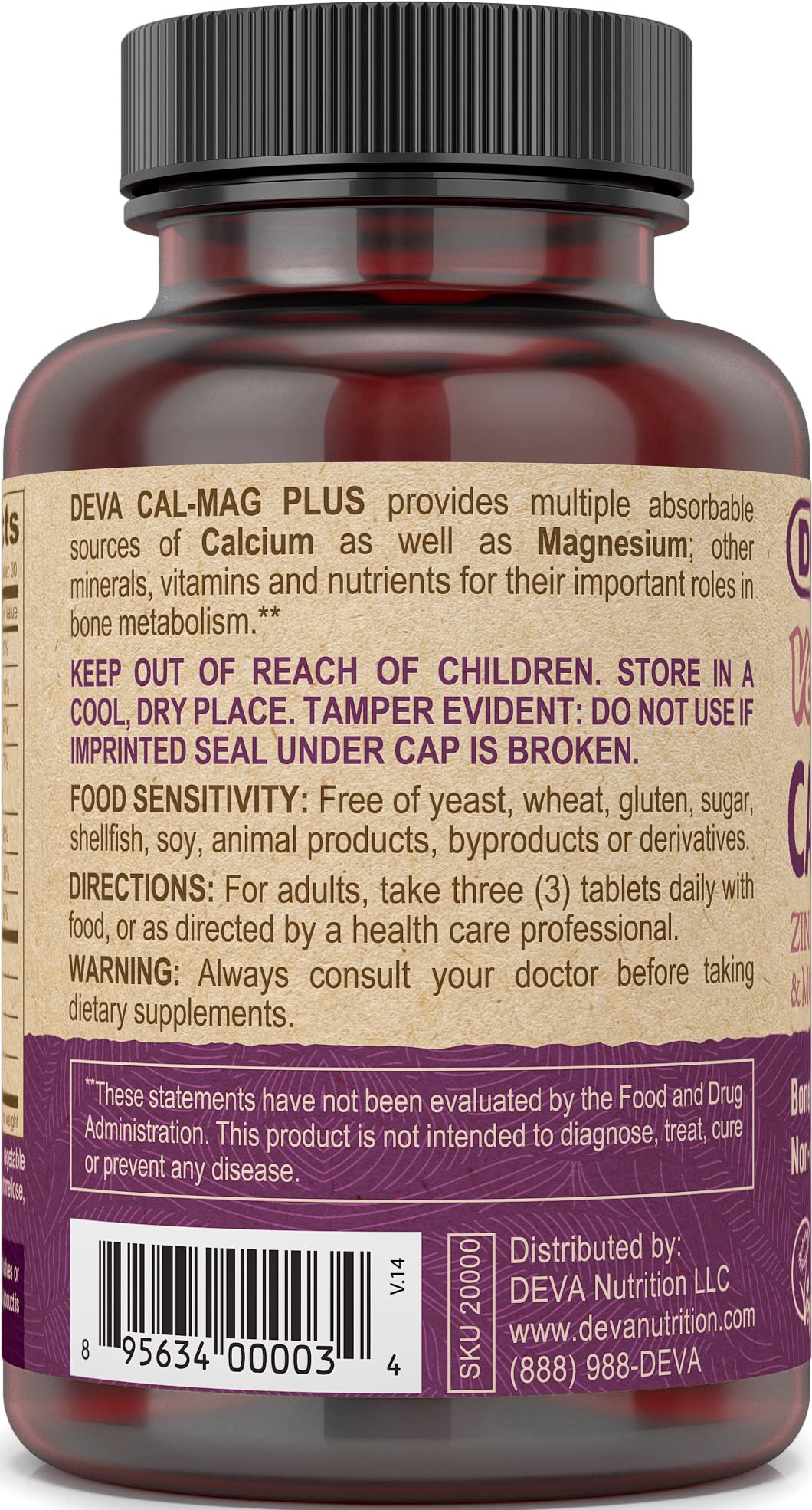 Vegan Calcium Magnesium Supplement with Zinc 90 Tablets X84182
