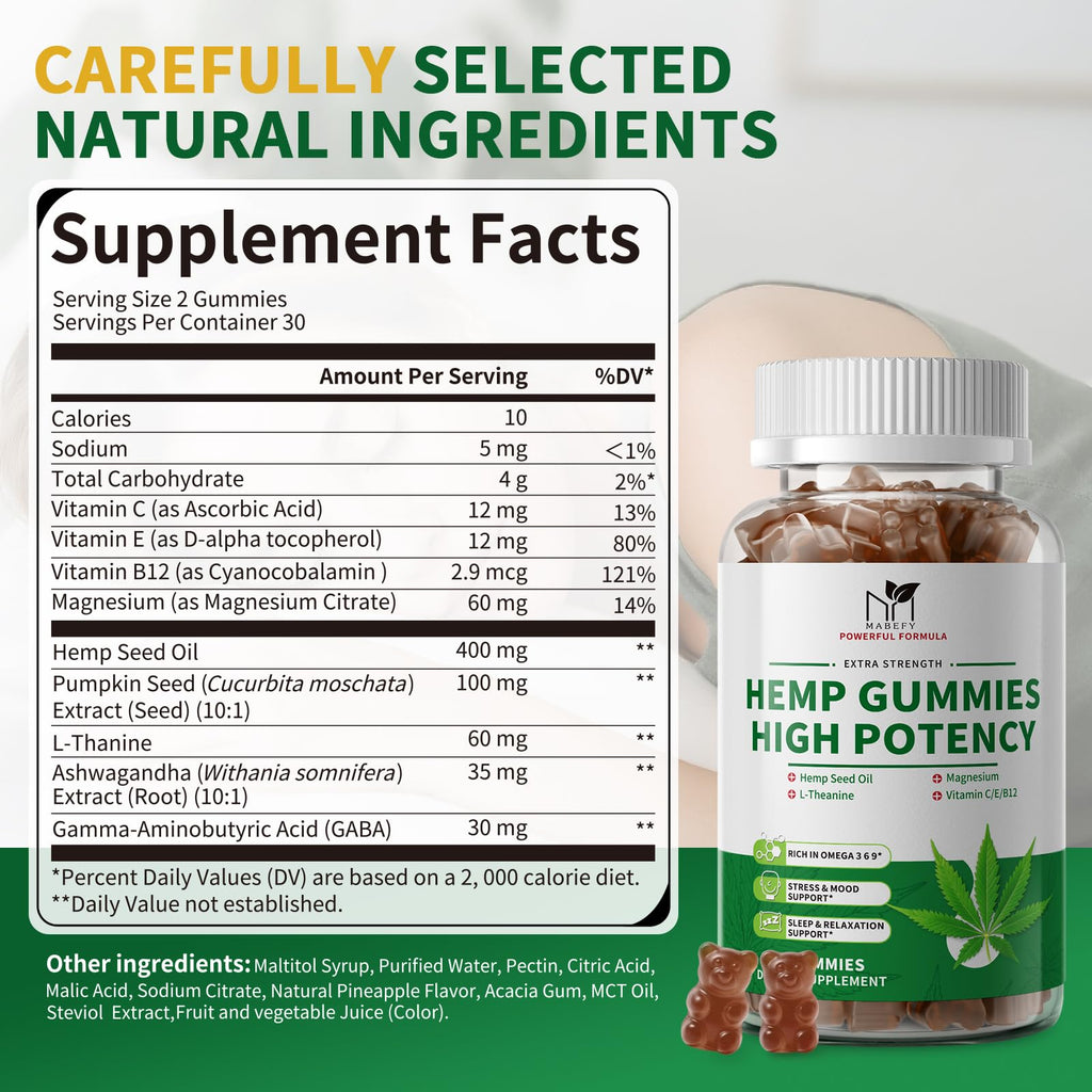 2 Pack Hemp Gummies with Magnesium, Vitamins, Pumpkin Seed, Ashwagandha, GABA, L-Theanine, Pineapple Flavor, 120 Bears, Vegan M1444