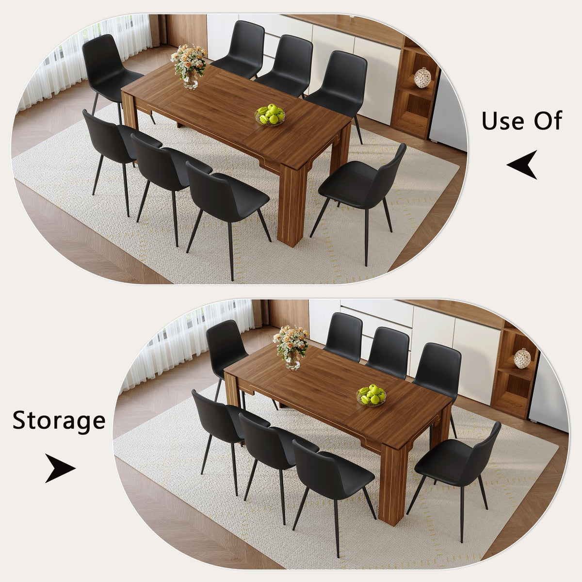 Walnut 9 Piece Dining Table Set with 8 Black Upholstered Chairs M6793