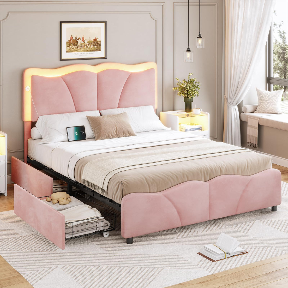 Pink Velvet Upholstered Platform Bed Frame with 4 Storage Drawers O221