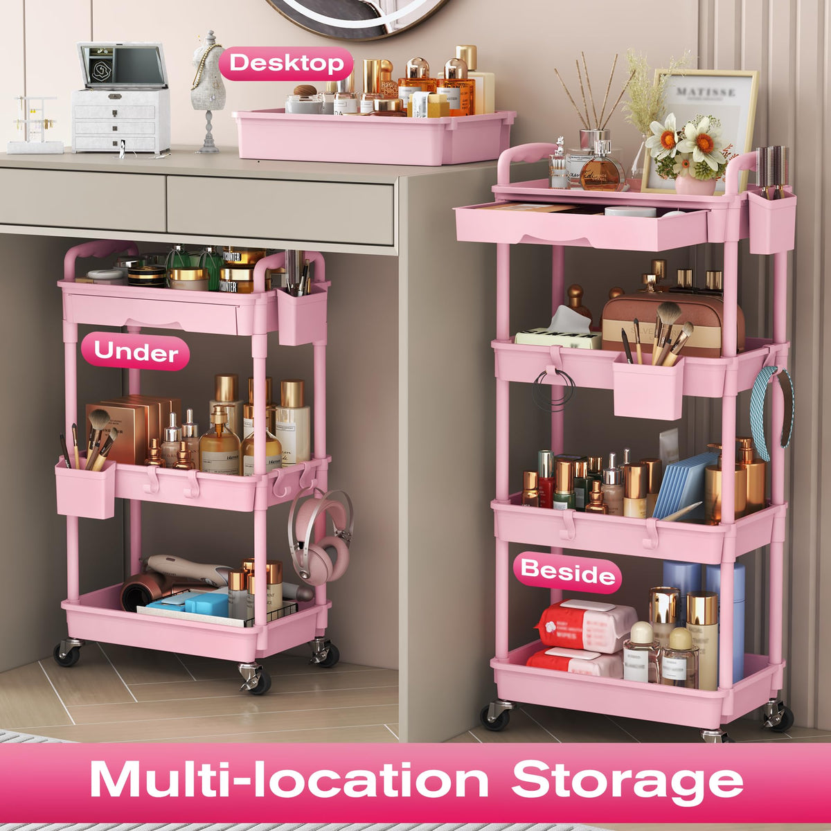 Pink 3 Tier Rolling Makeup Organizer Cart M52657