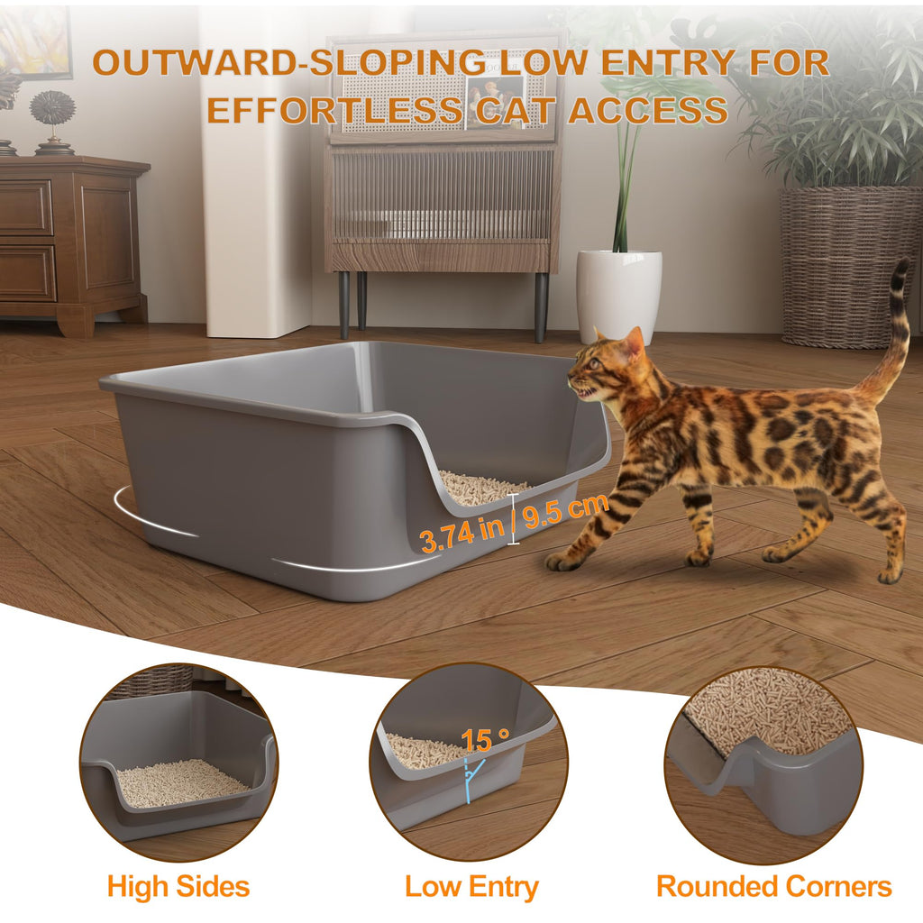 Open-Top High Sides Cat Litter Box with Low Entrance R473156