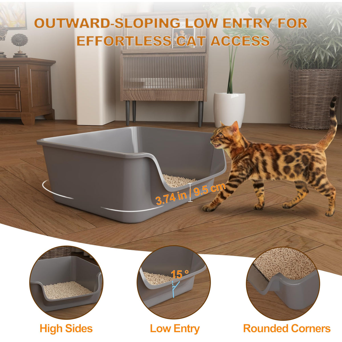 Open-Top High Sides Cat Litter Box with Low Entrance R473156