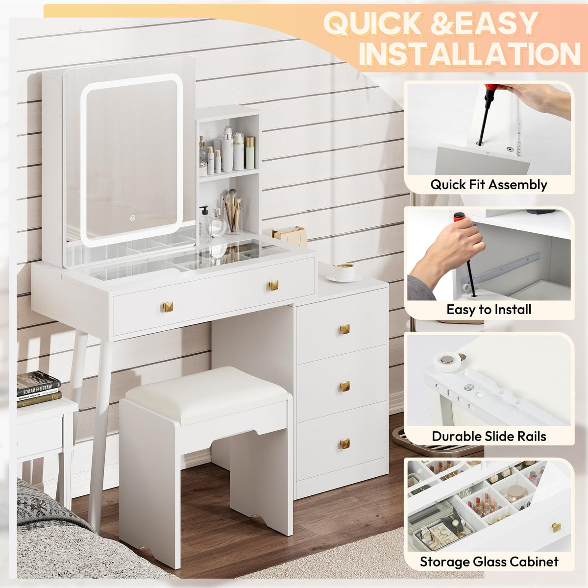 White Vanity Desk with Sliding Mirror and Lights, 4 Drawers, Stool L434