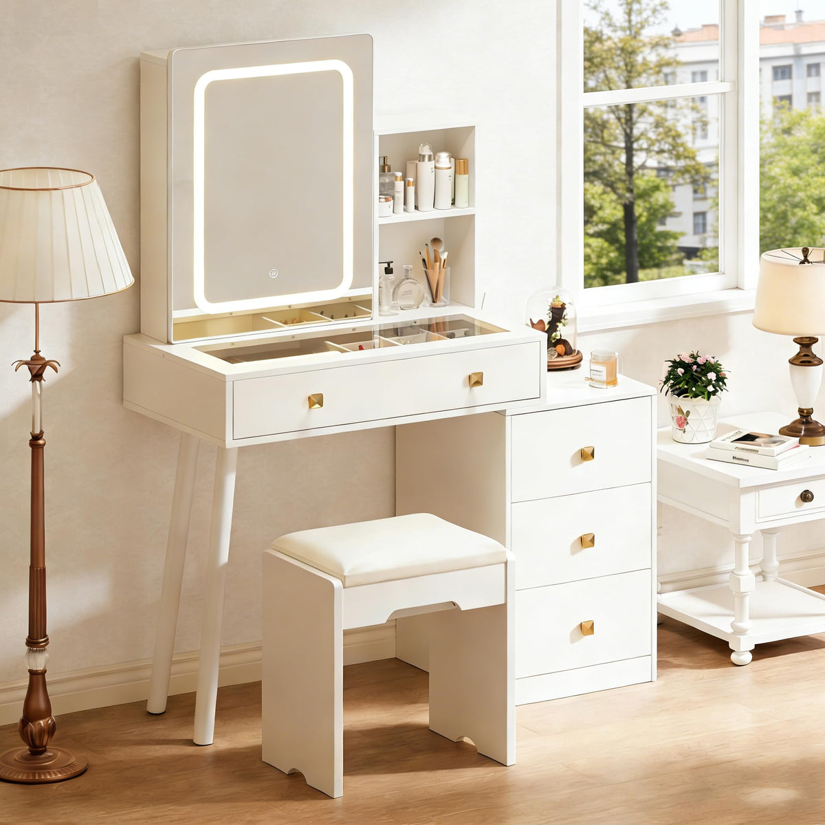 White Vanity Desk with Sliding Mirror and Lights, 4 Drawers, Stool L434