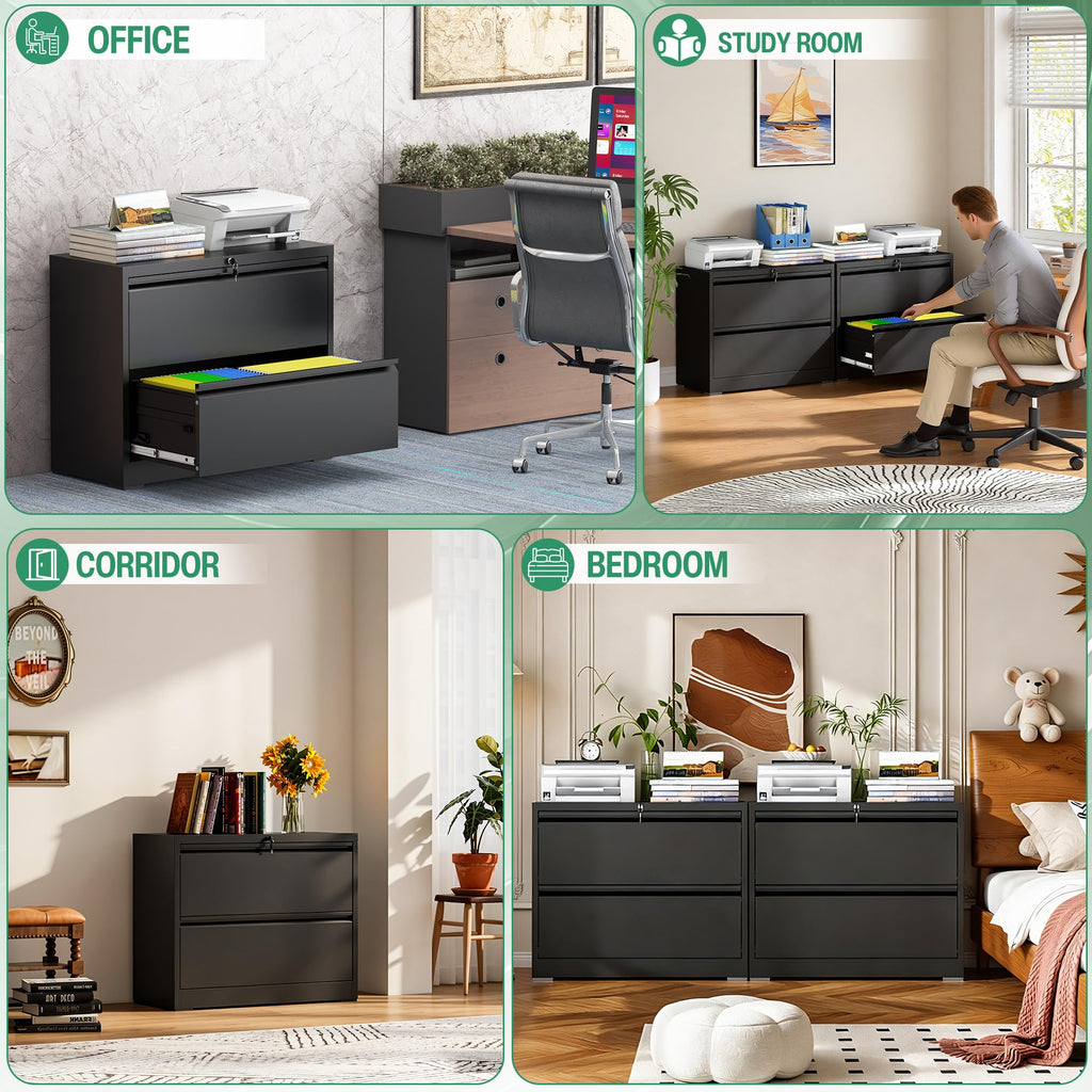 Black 2 Drawer Metal Lateral File Cabinet with Lock U93313