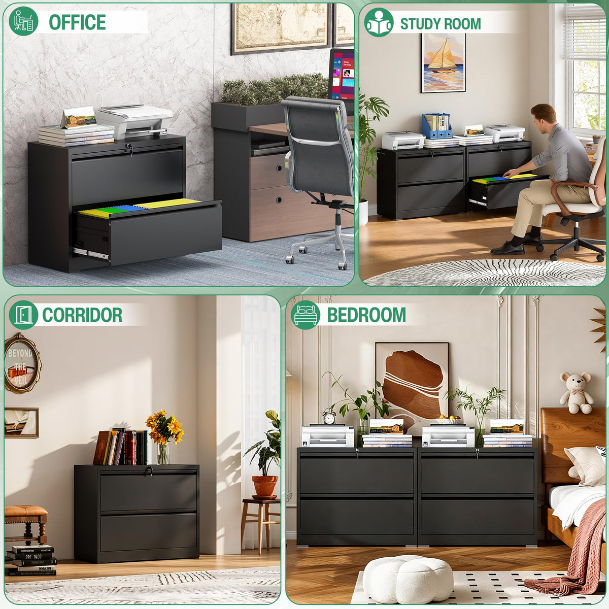 Black 2 Drawer Metal Lateral File Cabinet with Lock U93313