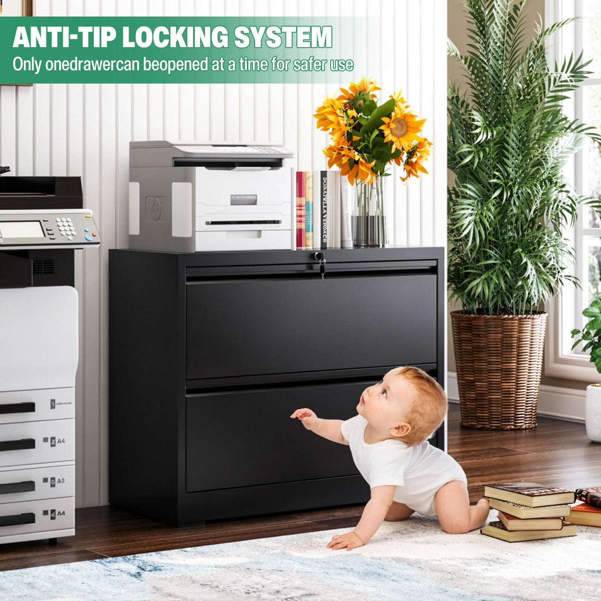 Black 2 Drawer Metal Lateral File Cabinet with Lock U93313