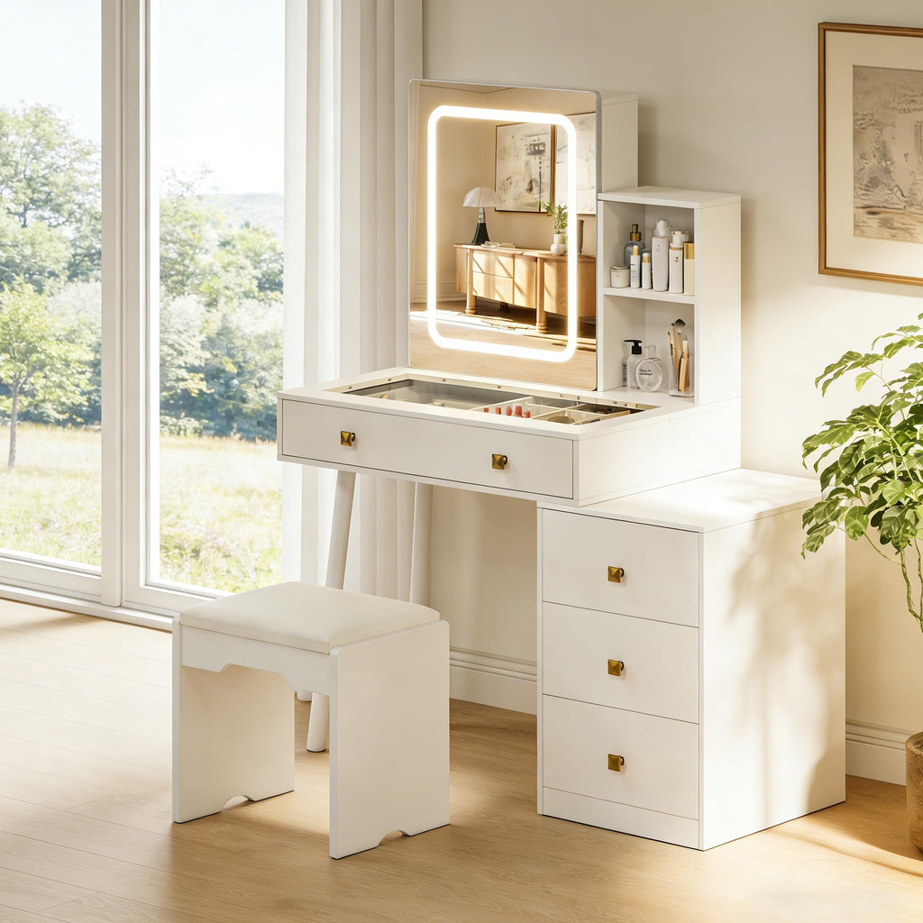 White Vanity Desk with Sliding Mirror and Lights, 4 Drawers, Stool L434