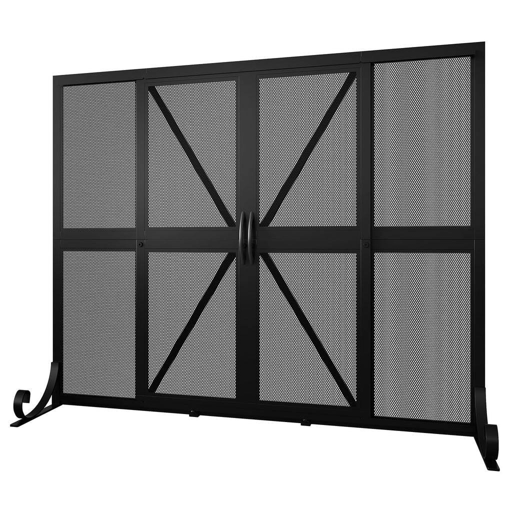 Black Wrought Iron Mesh Fireplace Screen with Sliding Doors O85635