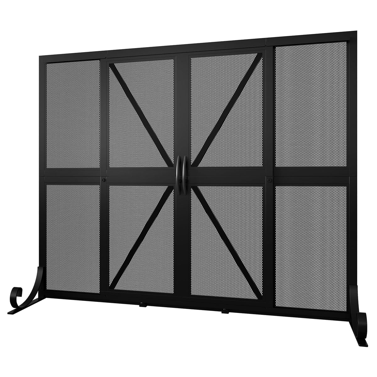 Black Wrought Iron Mesh Fireplace Screen with Sliding Doors O85635