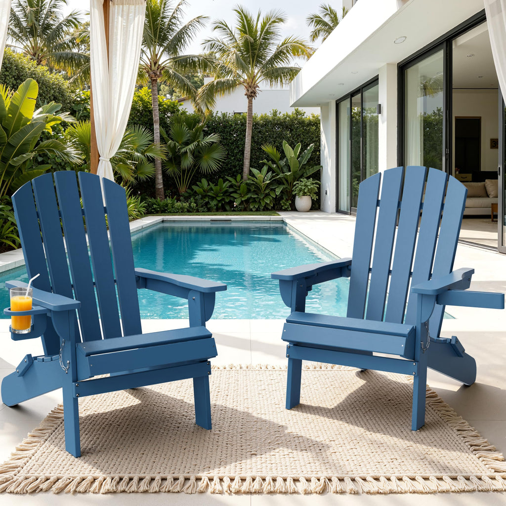 Folding Adirondack Chair Set of 2 with Cup Holder Navy Blue U9213