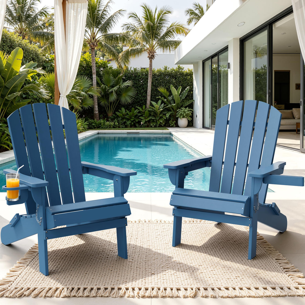 Folding Adirondack Chair Set of 2 with Cup Holder Navy Blue U9213