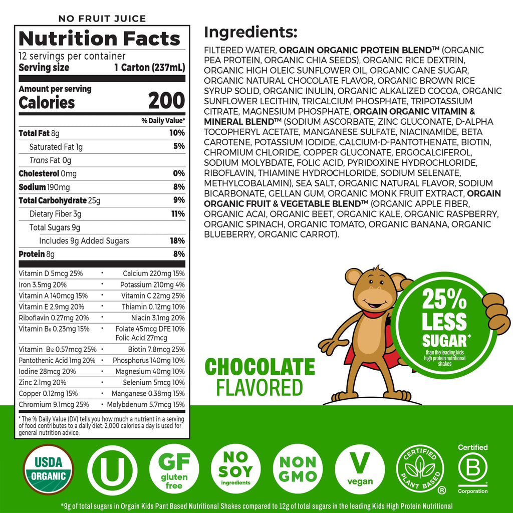 Organic Vegan Kids Protein Shakes Chocolate 8 Fl Oz 12 Pack P214